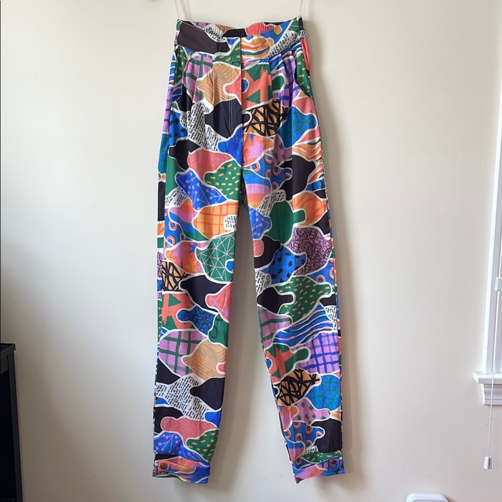 Multicolor abstract pop art parachute snap jogger pleated high waisted art pants